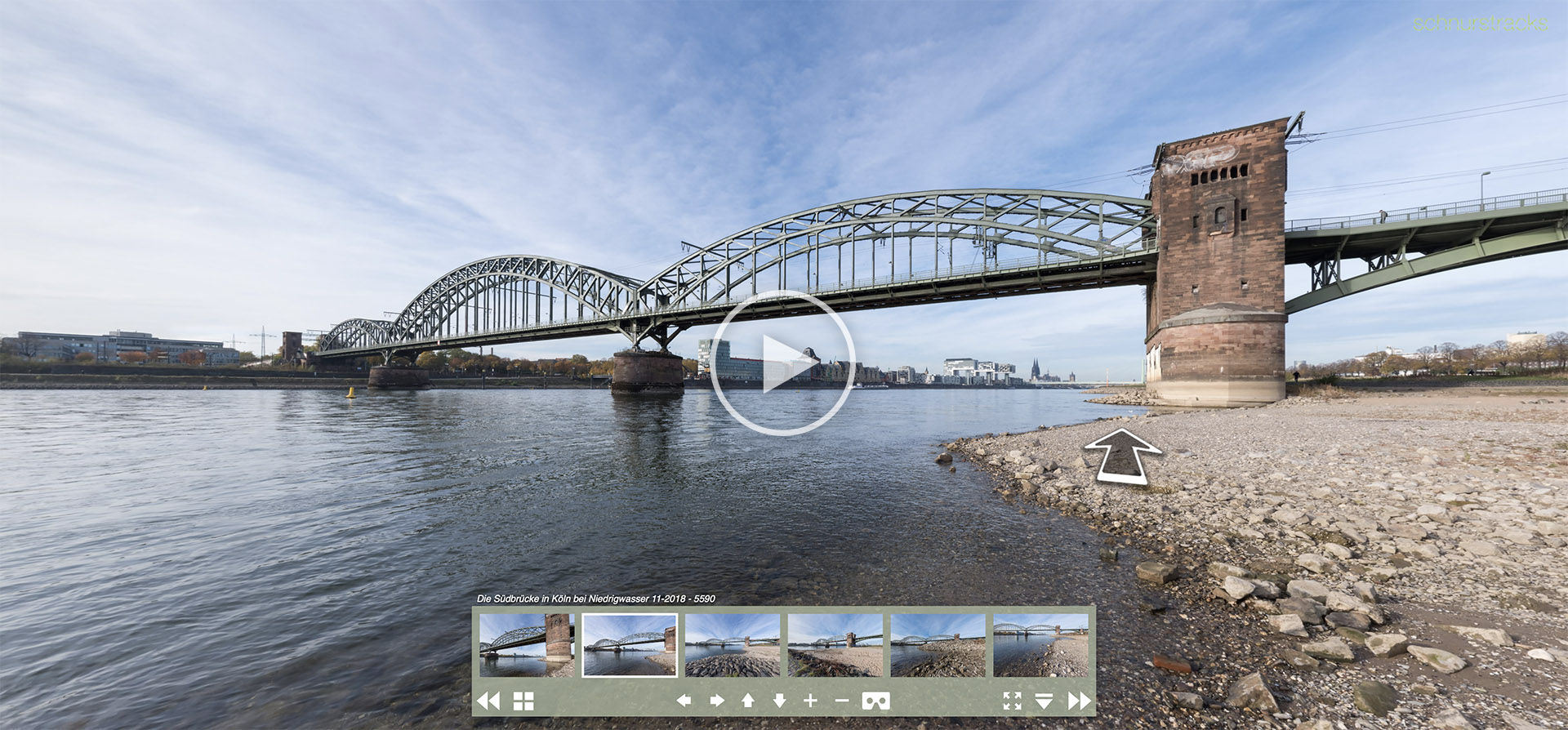Virtuelle Tour am Rheinstrand mit Kugelpanoramen der Südbrücke in Köln | 11.2018