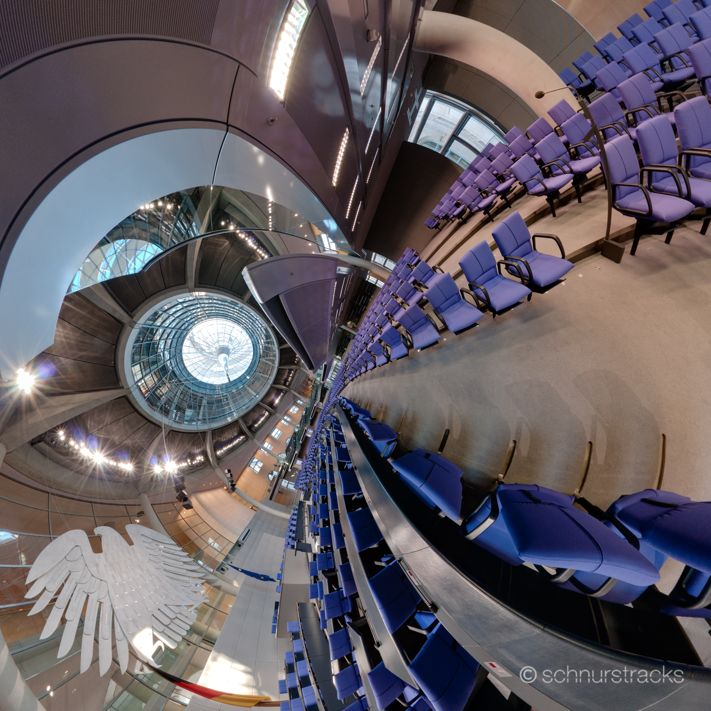 Little Planet #100408-05 | 360°x180°-Panorama im leeren Plenarsaal zwischen den Sitzreihen des Deutschen Bundestages