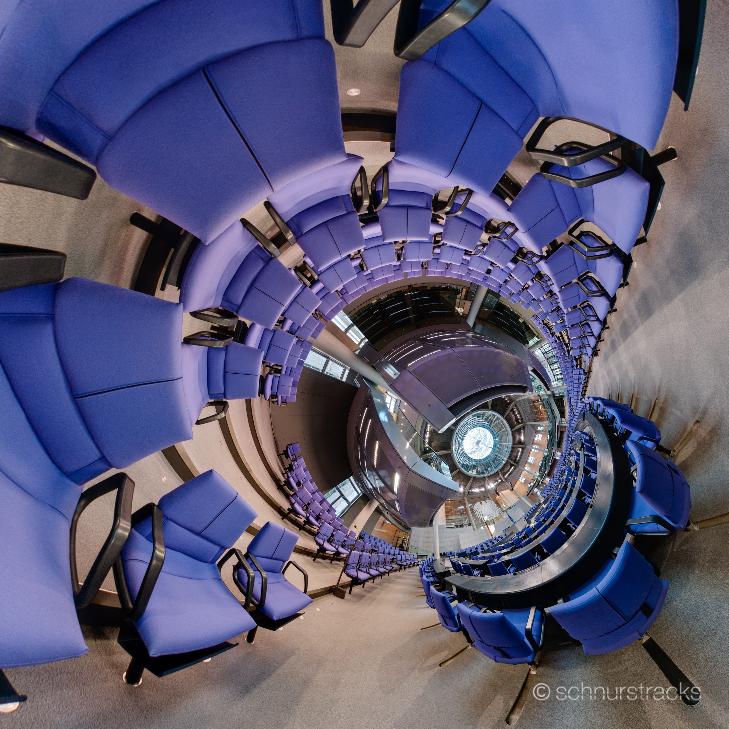 Little Planet #100408-05 | 360°x180°-Panorama im leeren Plenarsaal zwischen den Sitzreihen des Deutschen Bundestages