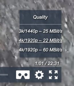 Screenshot: Einstellen der 360°-Videoqualität, hier bspw. 3 verschieden komprimierte Videostreams