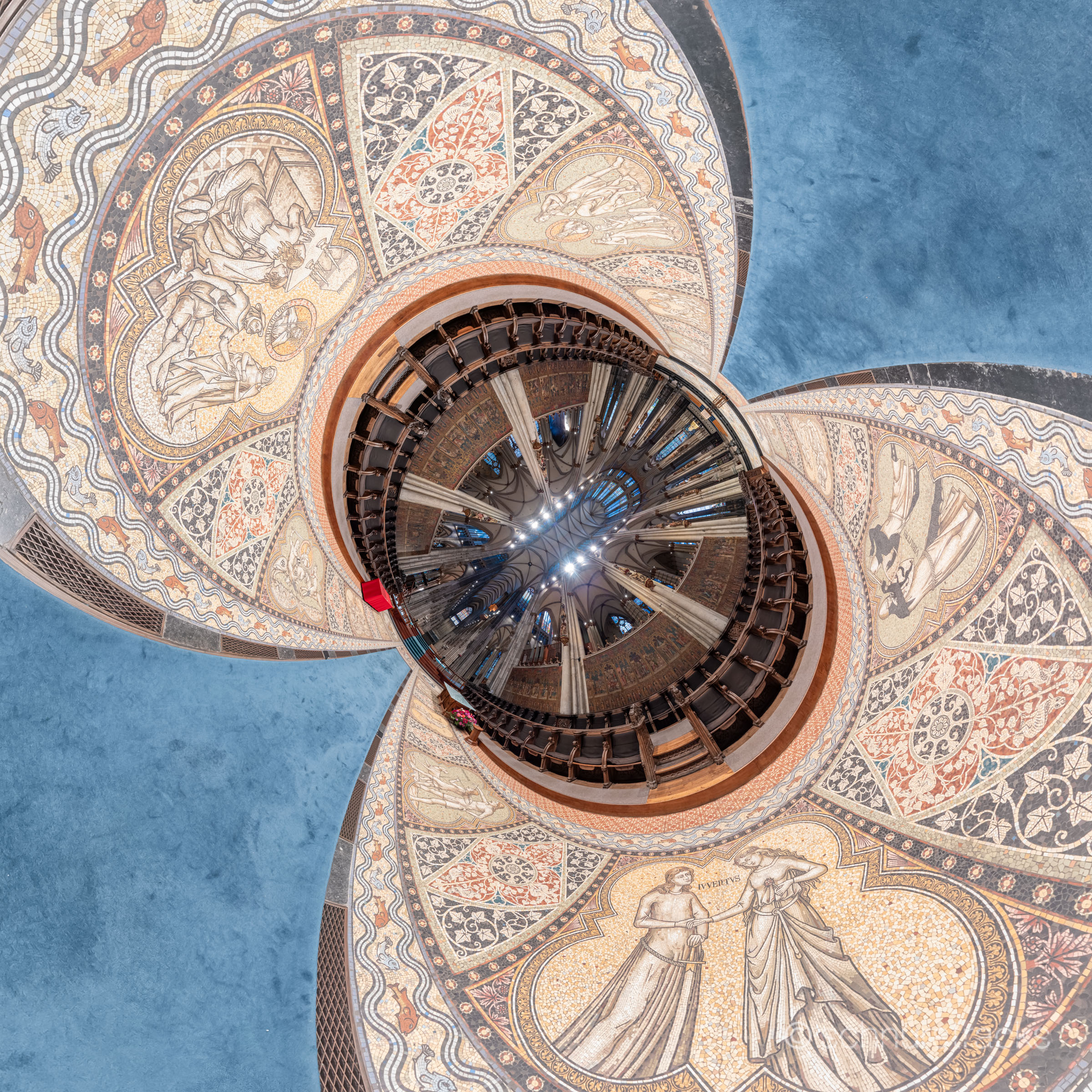Little Planet Kugelpanorama Chorgestühl mit Chorschrankenmalereien im Kölner Dom