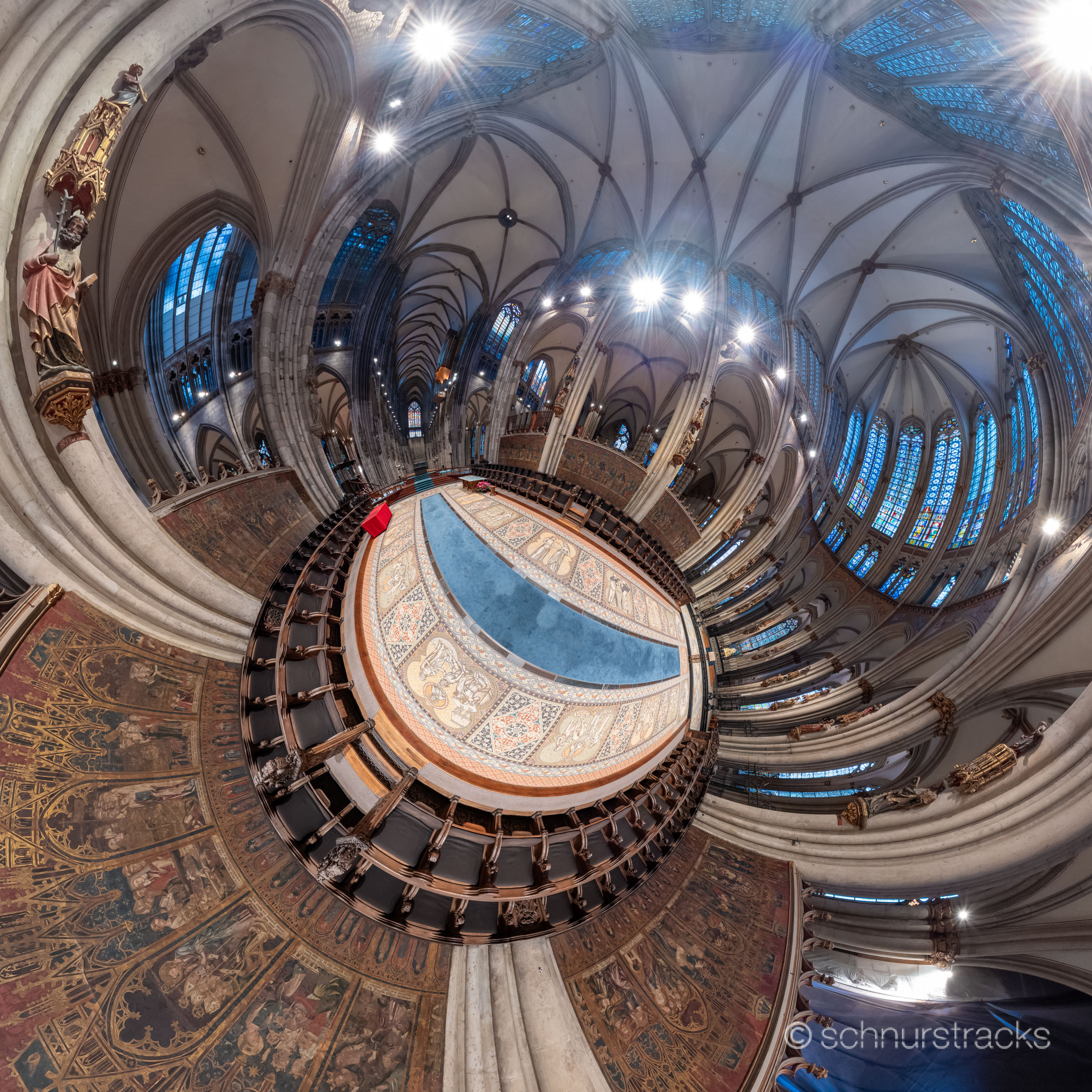 Little Planet Kugelpanorama Chorgestühl mit Chorschrankenmalereien im Kölner Dom